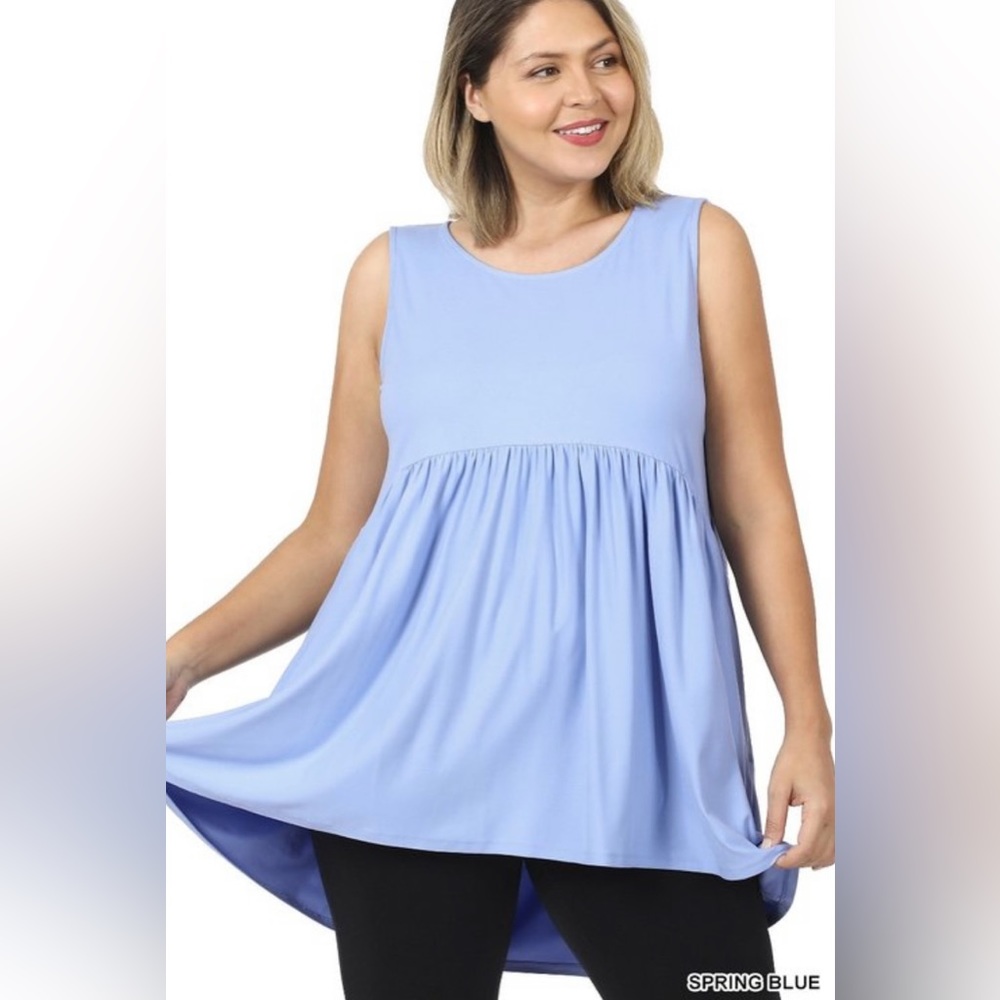 EUC Spring Blue Plus Size Brushed Sleeveless Empire Waist Shirring Top